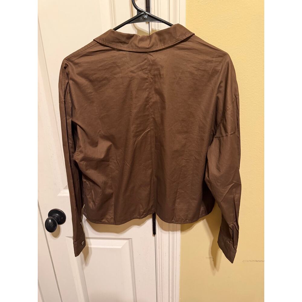 Everlane Brown Long Sleeve Button Down Cropped Cotton PJ Top Blouse Sz XS - Picture 6 of 12